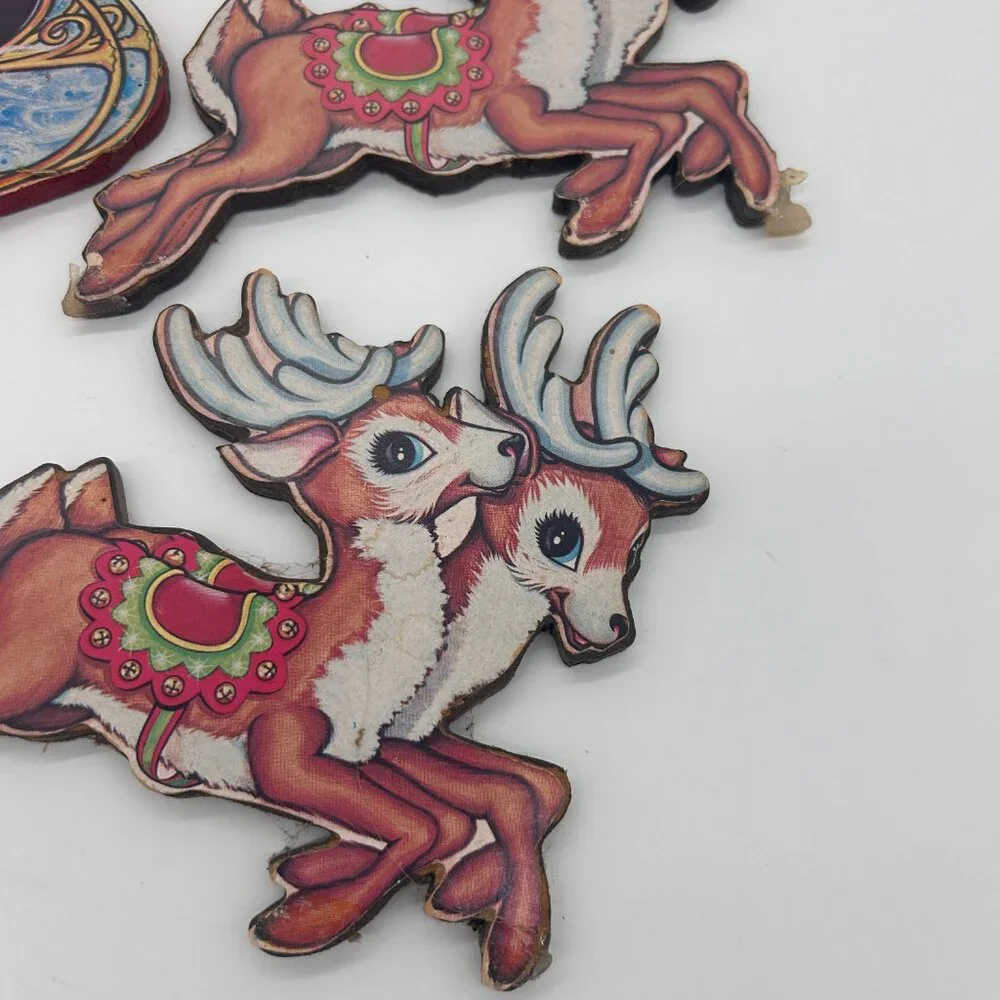 VTG Beistle Santa Sleigh & Reindeer Christmas Die Cut Decoration ON‎ WOOD
